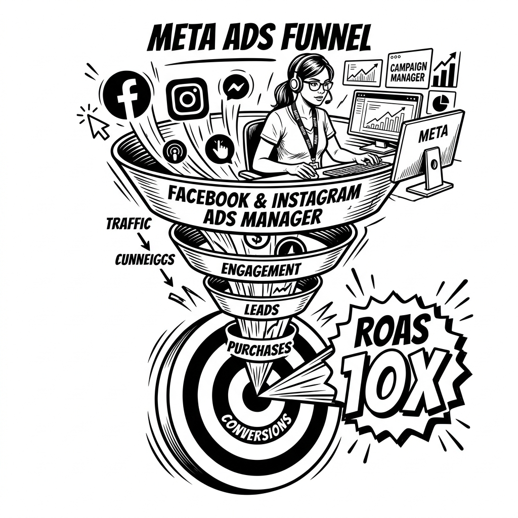 Meta Ads Facebook Instagram Paid Advertising Black and White Illustration