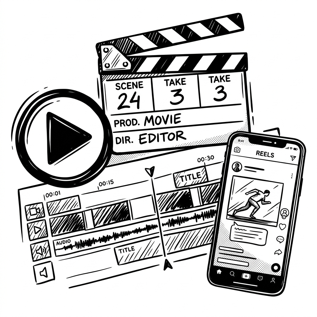 Professional Video Editing Studio Black and White Illustration